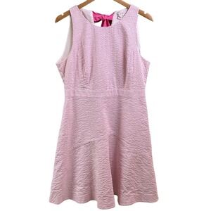 J Crew Pink White Pin Stripe Seersucker Fit Flare Sleeveless Ribbon Tie Dress 14